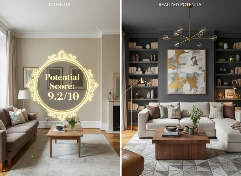 Deqor AI Renovation Potential Score overlay on a living room showing 9.2 out of 10 potential rating alongside the realized transformation result