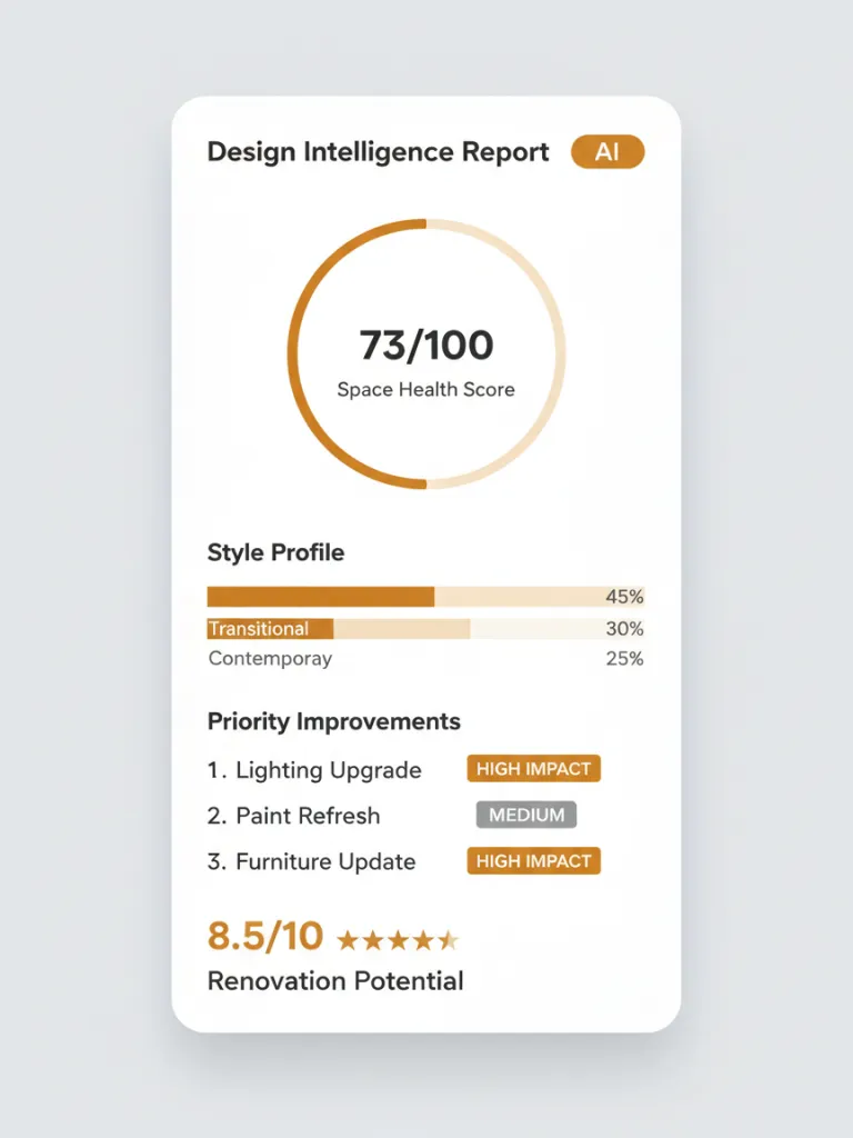 Deqor AI Design Intelligence Report card showing space health score, style profile breakdown, priority improvements, and transformation recommendations
