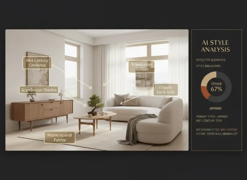 Deqor AI Style Intelligence analyzing a living room with Japandi style detection overlay showing material and aesthetic breakdown