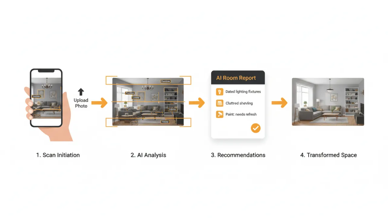 Deqor AI Smart Detect four-step workflow diagram: upload room photo, AI scans elements, receive Design Intelligence Report, apply transformation