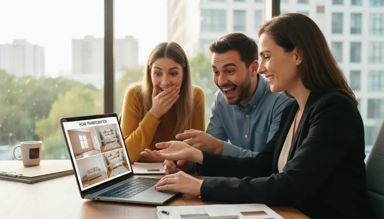 Real estate agent Sarah Chen using Deqor Smart Upload on phone photos to create professional virtual staging for listings