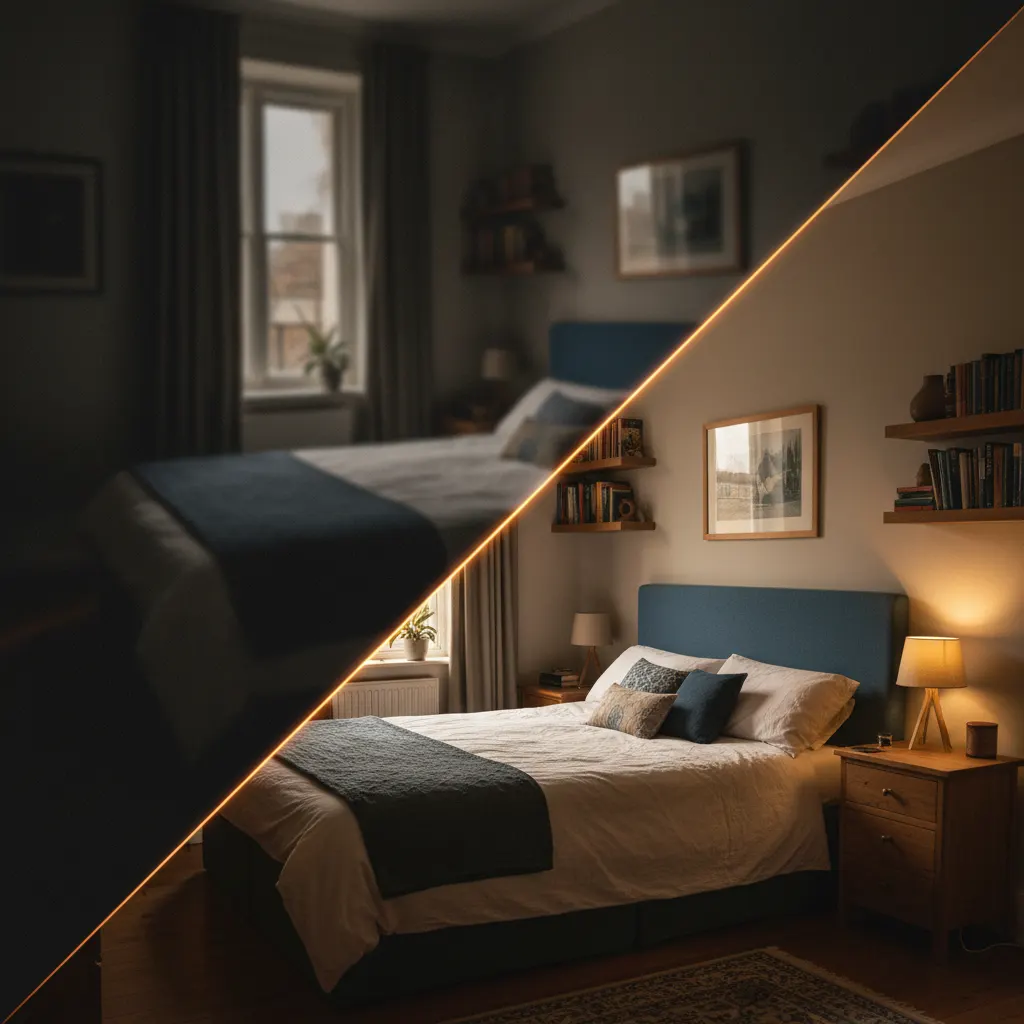 Deqor Smart Upload auto-enhancing a dark grainy bedroom photo into a bright clean AI-ready image