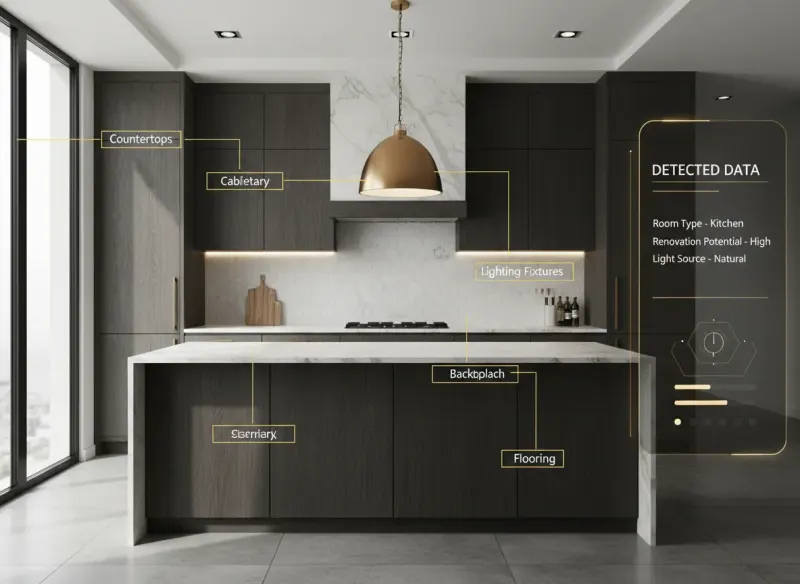Deqor AI detection engine showing annotation boxes labeling kitchen elements during photo analysis