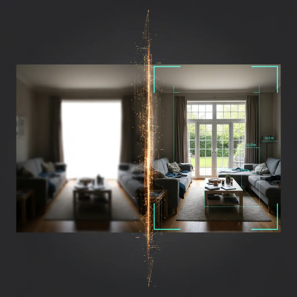 Smart Upload by Deqor AI - person photographing room with AI scan overlay on phone screen