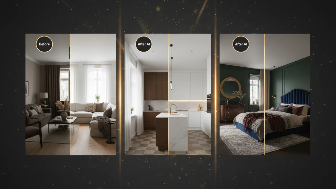 Deqor Smart Upload before and after - dark raw photo automatically corrected and transformed into stunning design by Deqor AI