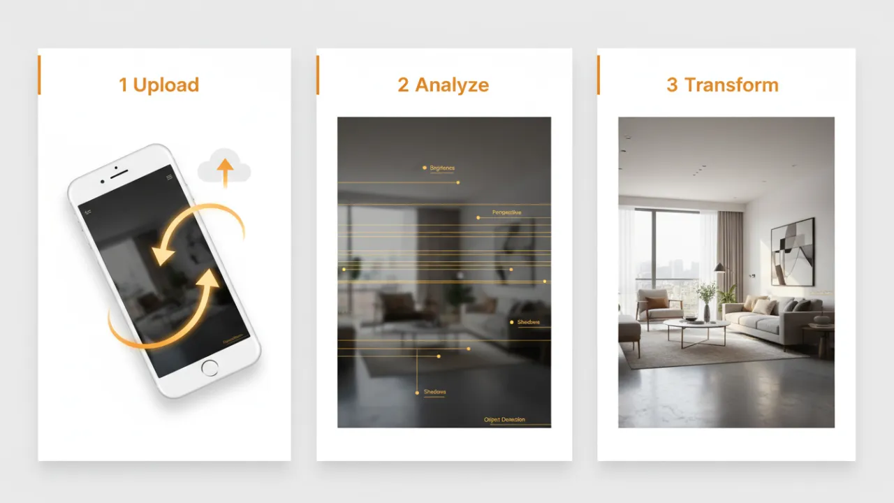 Deqor Smart Upload 3-step workflow - phone upload to AI scan to beautiful room transformation result