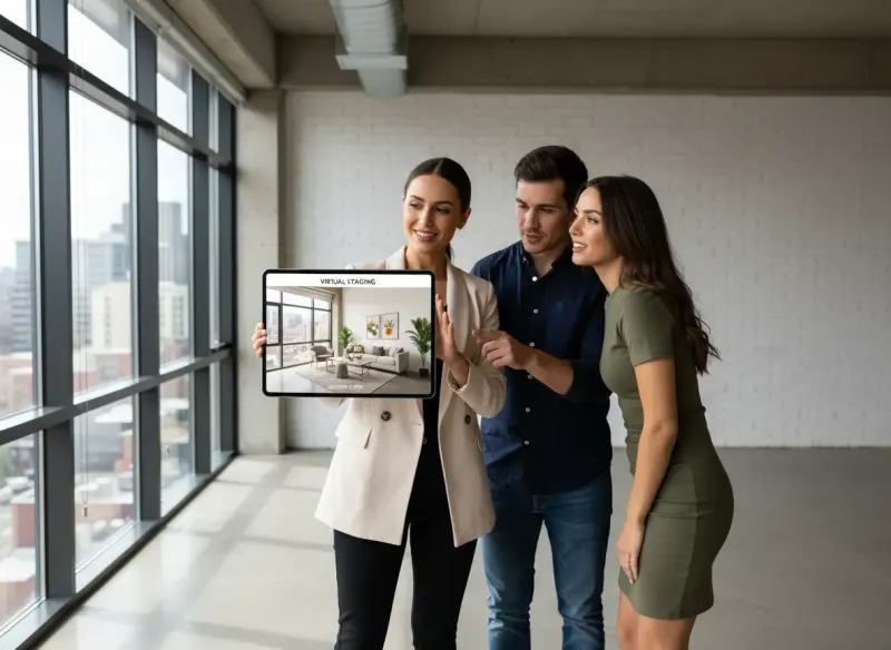 Real estate agent showing virtually staged room on tablet to potential buyers using Deqor AI