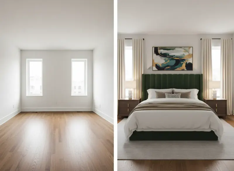 Empty bedroom transformed into luxury staged bedroom by Deqor AI virtual staging
