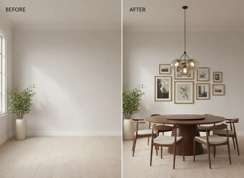 Empty dining room beautifully staged with virtual furniture and decor by Deqor AI