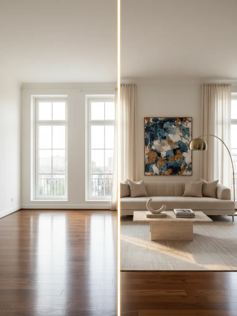 AI virtual staging transformation - empty living room to beautifully furnished showpiece by Deqor