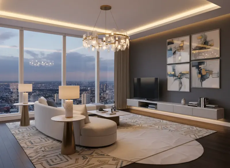Luxury penthouse empty room virtually staged with high-end decor by Deqor AI