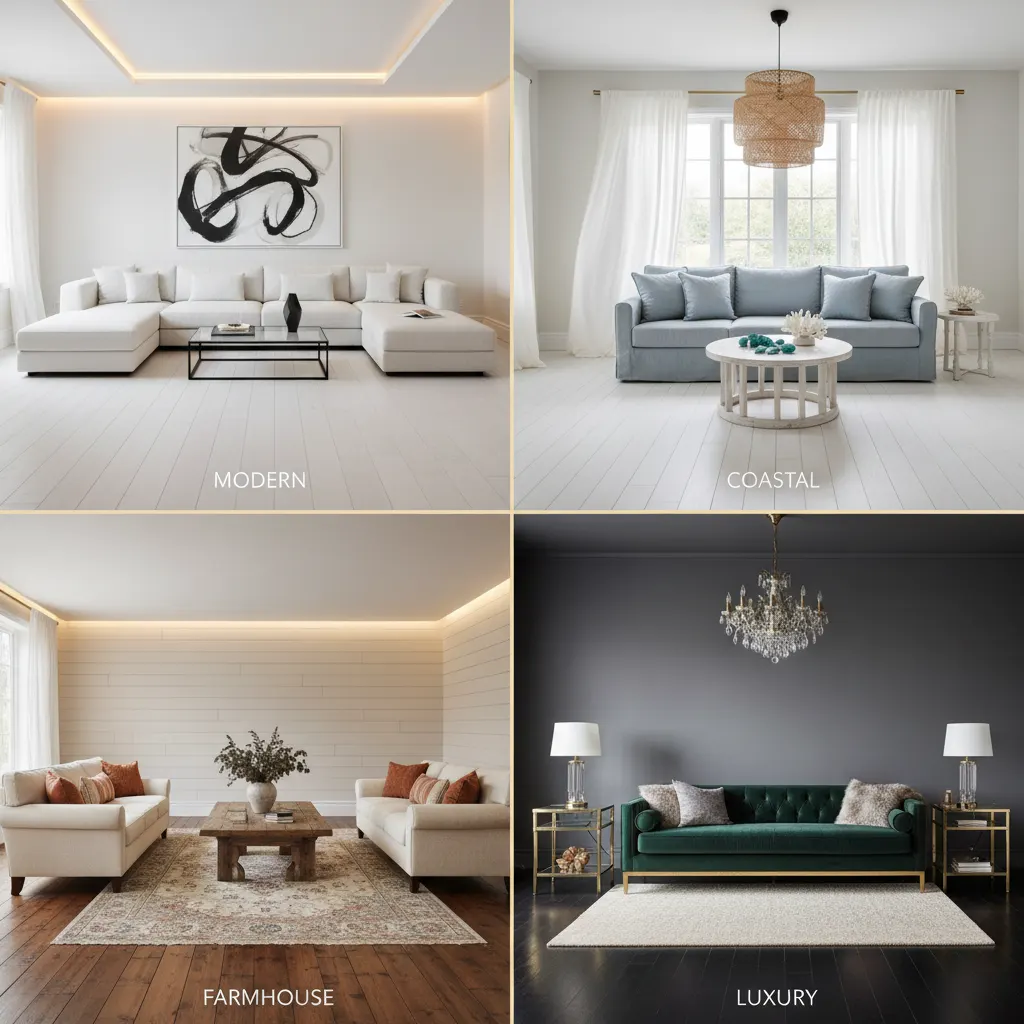 Same empty room shown in 4 different virtual staging styles by Deqor AI - Modern, Coastal, Farmhouse, Luxury