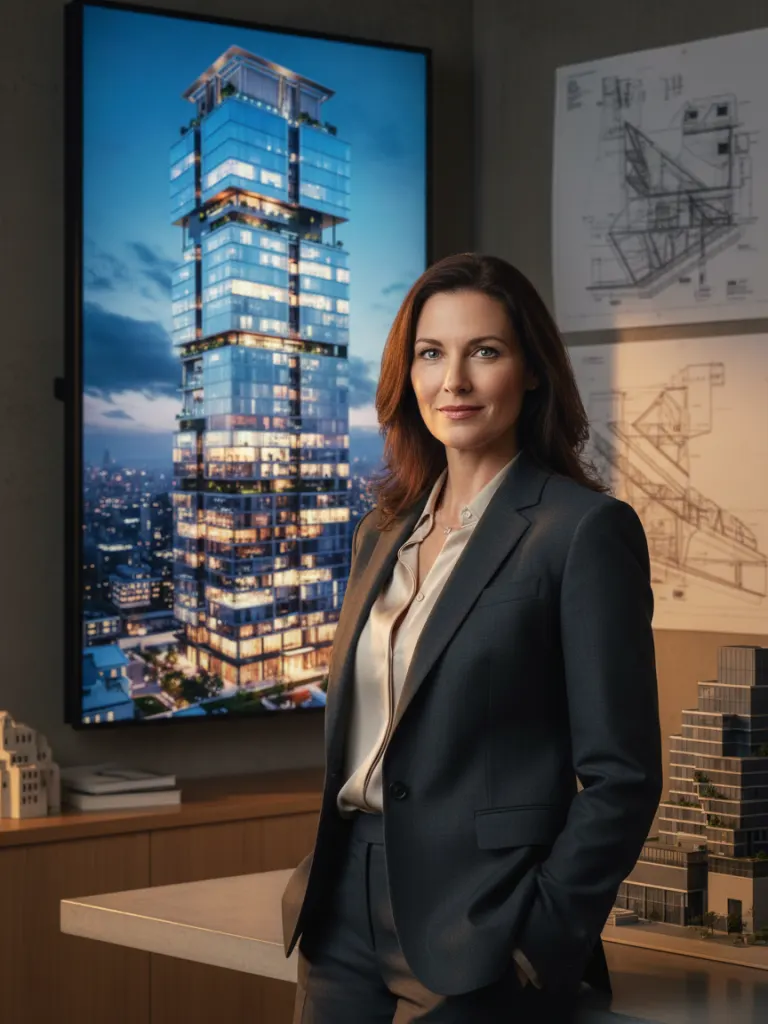 Senior architect presenting Deqor AI photorealistic building renders to clients in a modern office