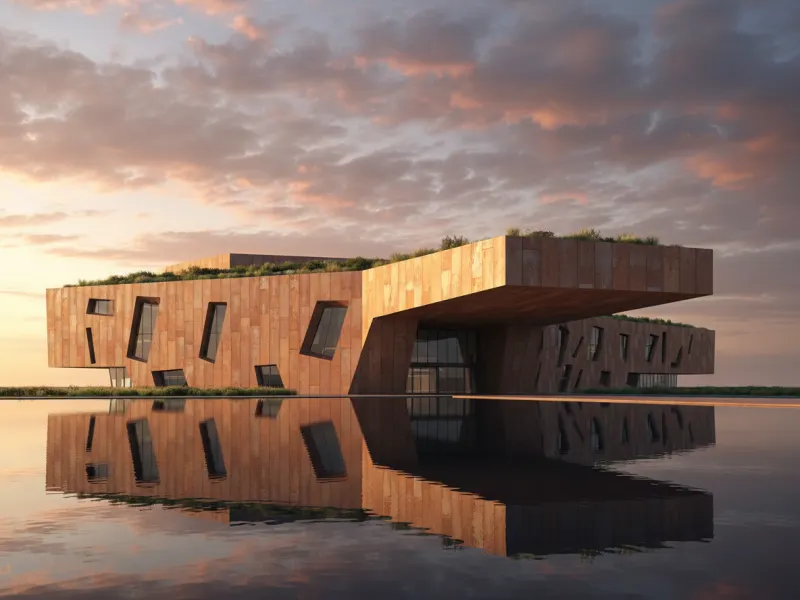 Award-winning photorealistic corten steel facade render generated with Deqor AI architectural visualization