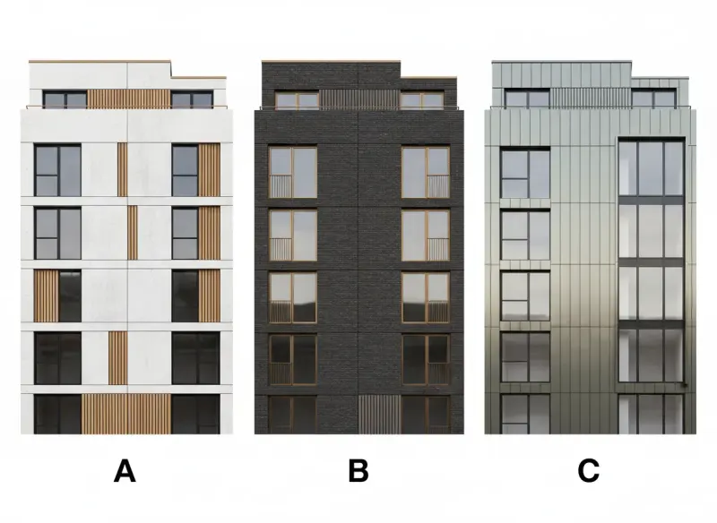 Three facade material options comparison study generated with Deqor AI - architect visualization feature