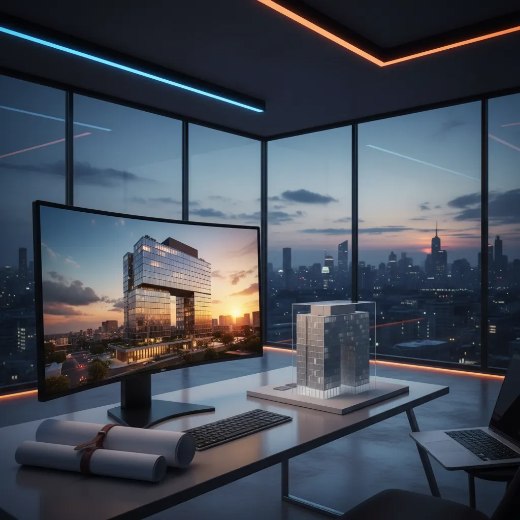 Professional architect reviewing Deqor AI photorealistic building renders on studio screens