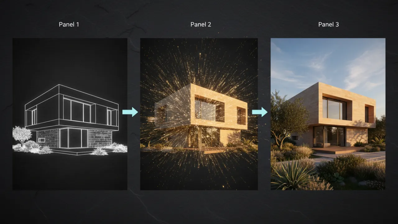 Deqor AI workflow for architects: wireframe model to photorealistic architectural render in 30 seconds