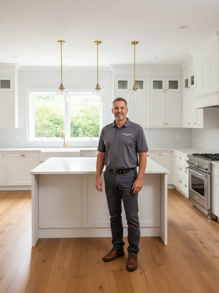 Proud contractor standing in beautifully completed kitchen renovation - Deqor AI contractor case study Mike Rossi