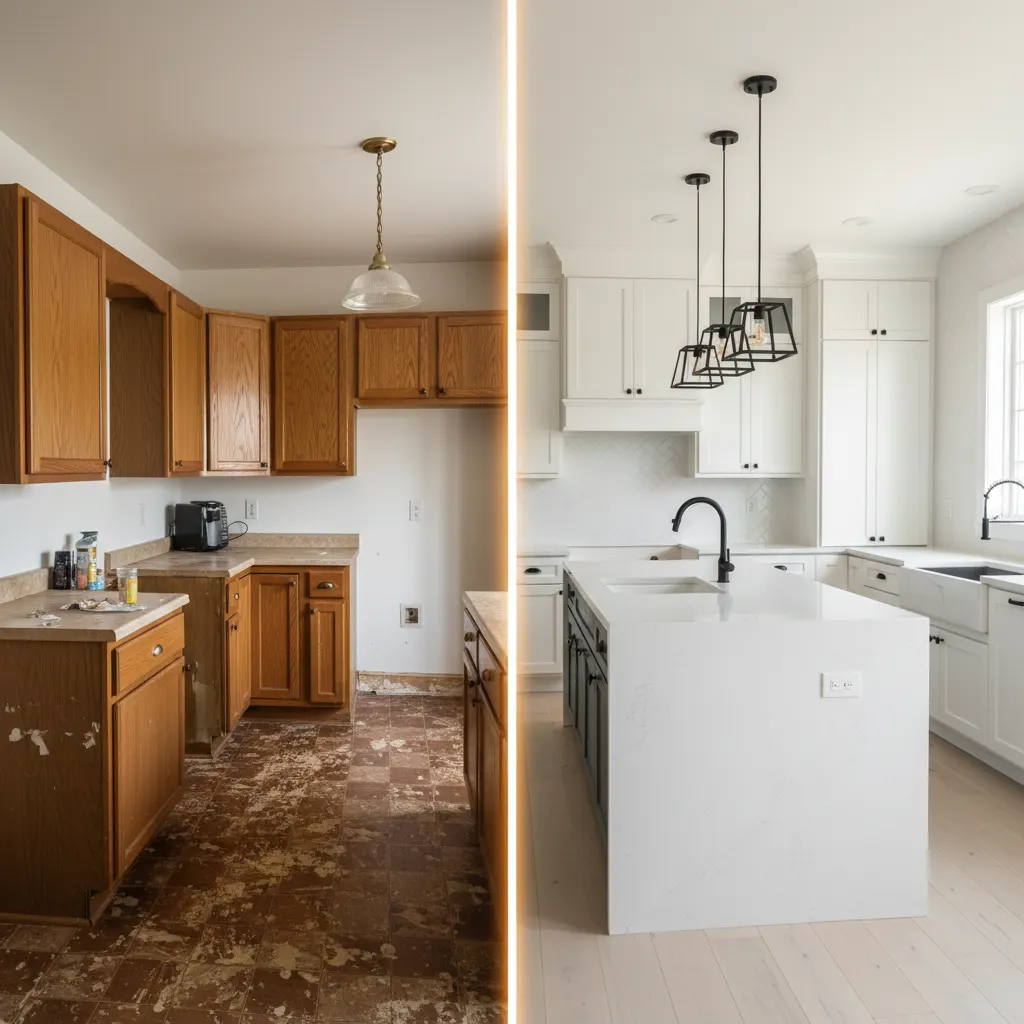 Dramatic before and after kitchen renovation split - AI renovation visualization showing client the exact finished result by Deqor AI