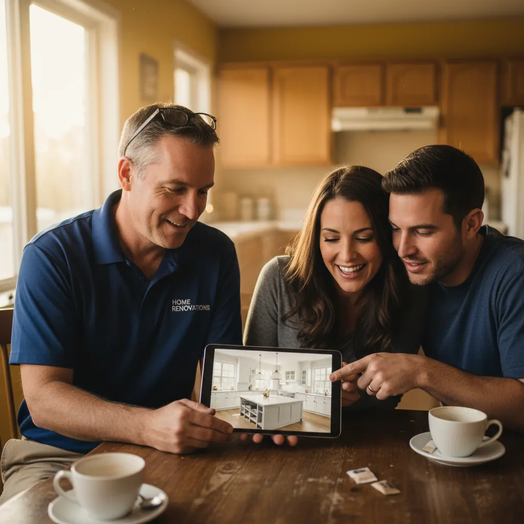 Contractor showing photorealistic renovation render on tablet to homeowners during estimate meeting - Deqor AI renovation visualization workflow