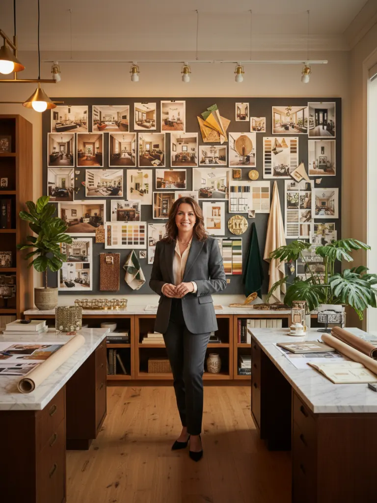 Successful interior designer in her studio surrounded by project boards and material swatches - Deqor AI case study Park Interiors