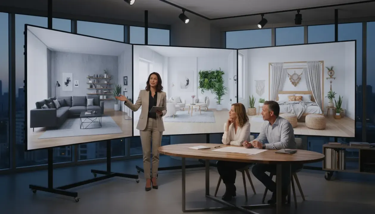 Interior designer presenting AI-generated design concepts on screen to impressed clients - Deqor AI visualization tool