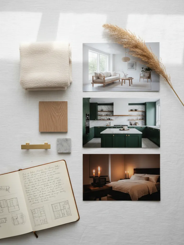 Premium interior design concept board with AI-generated room renders, material swatches and design notes - Deqor AI design vocabulary
