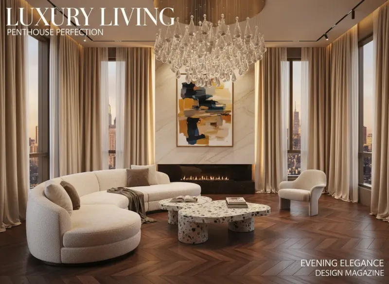 Exquisite luxury penthouse living room AI concept generated by Deqor AI for interior designer presentation