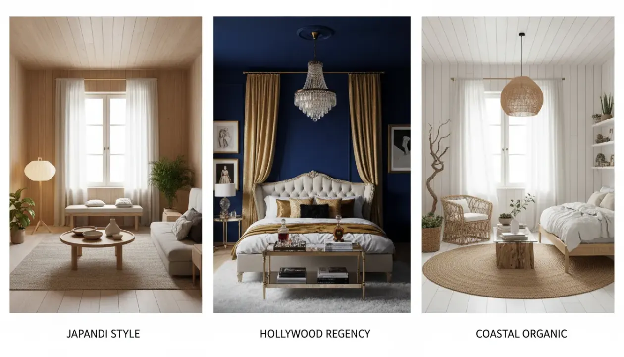 Same room rendered in three distinct interior design styles: Japandi, Hollywood Regency, and Coastal - Deqor AI style comparison