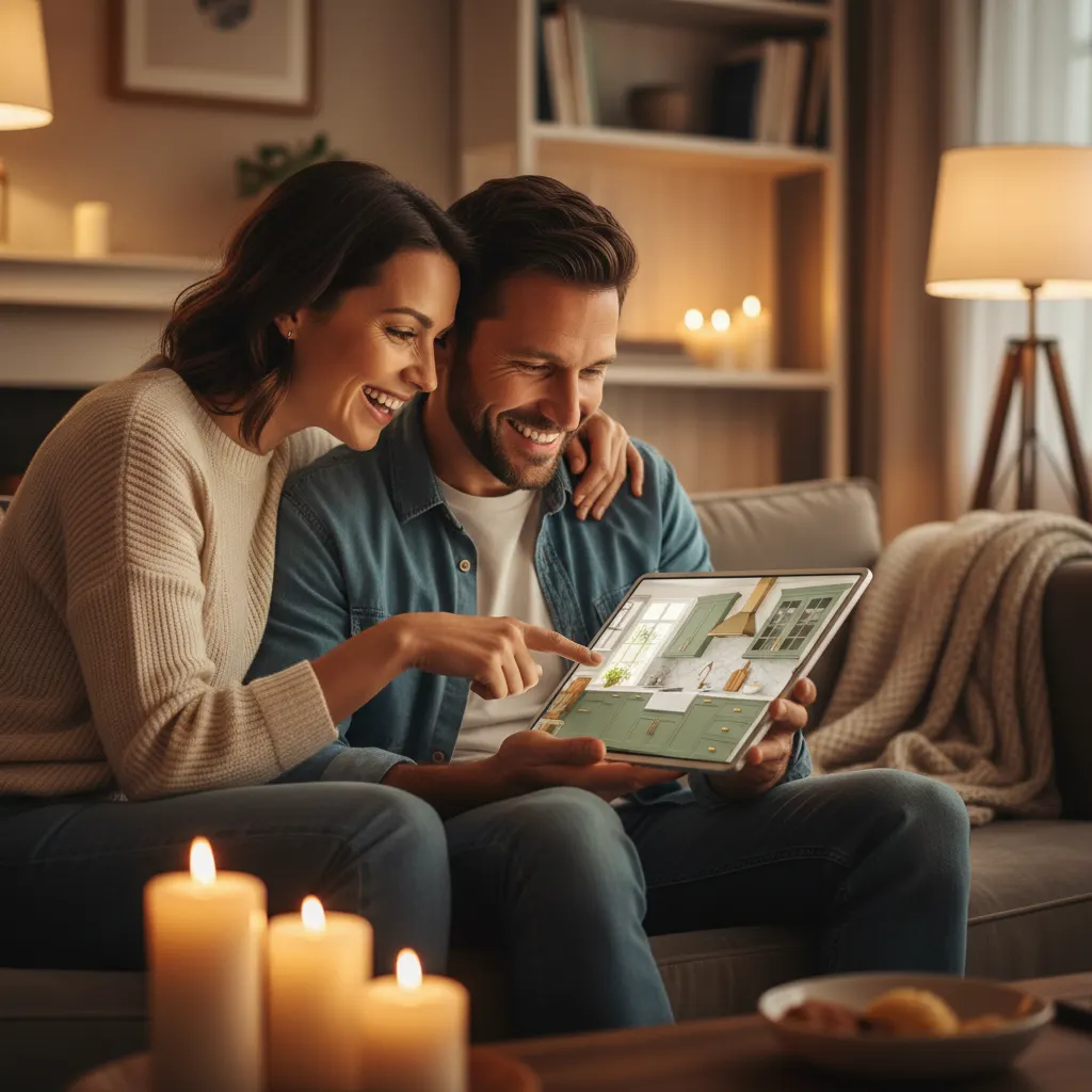 Happy couple in their beautifully renovated kitchen with sage green cabinets and marble countertops - AI home design by Deqor AI
