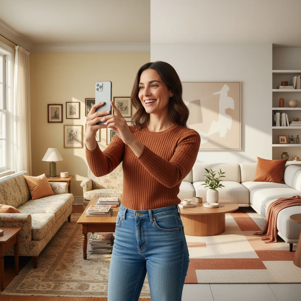 Woman photographing her room with phone and seeing AI transformation result - Deqor AI workflow