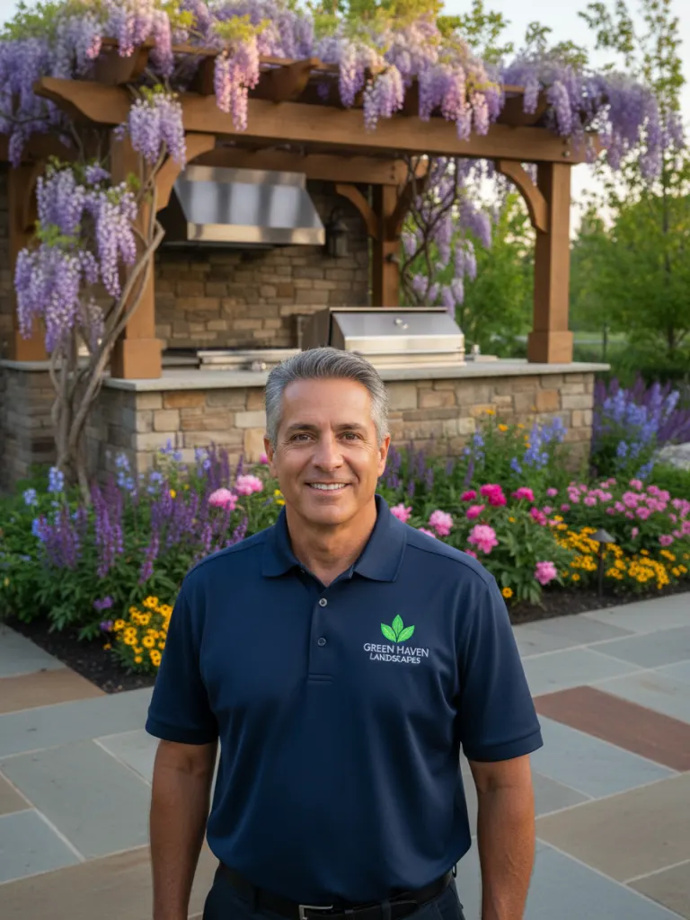 Proud landscape contractor standing in spectacular completed outdoor living space - Deqor AI case study Carlos Rivera