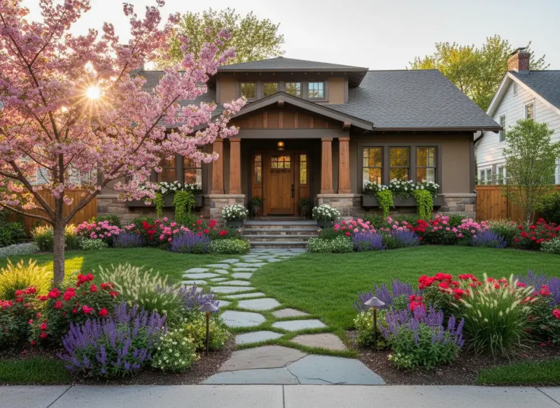 Stunning craftsman front yard landscape design visualization by Deqor AI