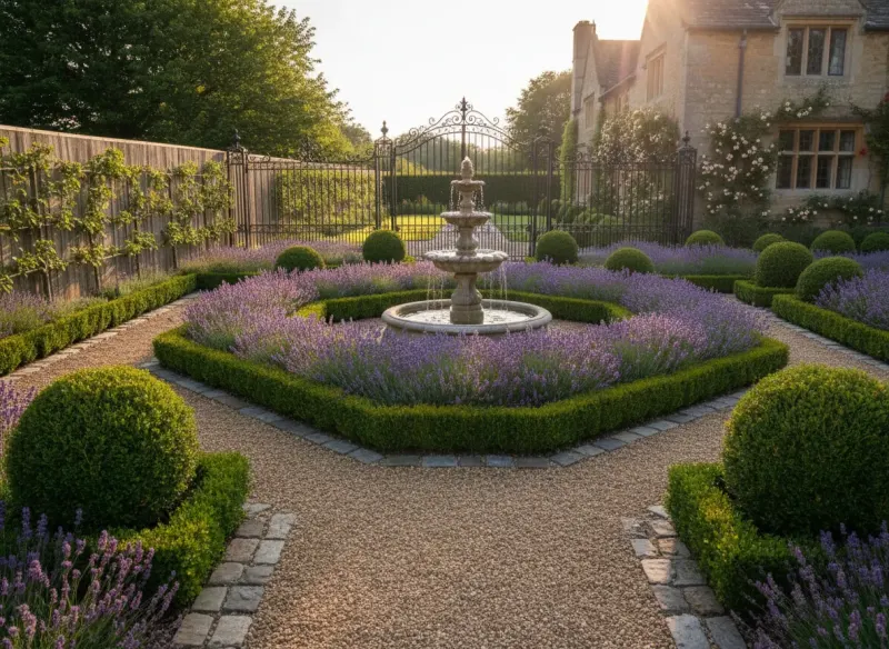 Photorealistic formal English-style front garden render created by Deqor AI