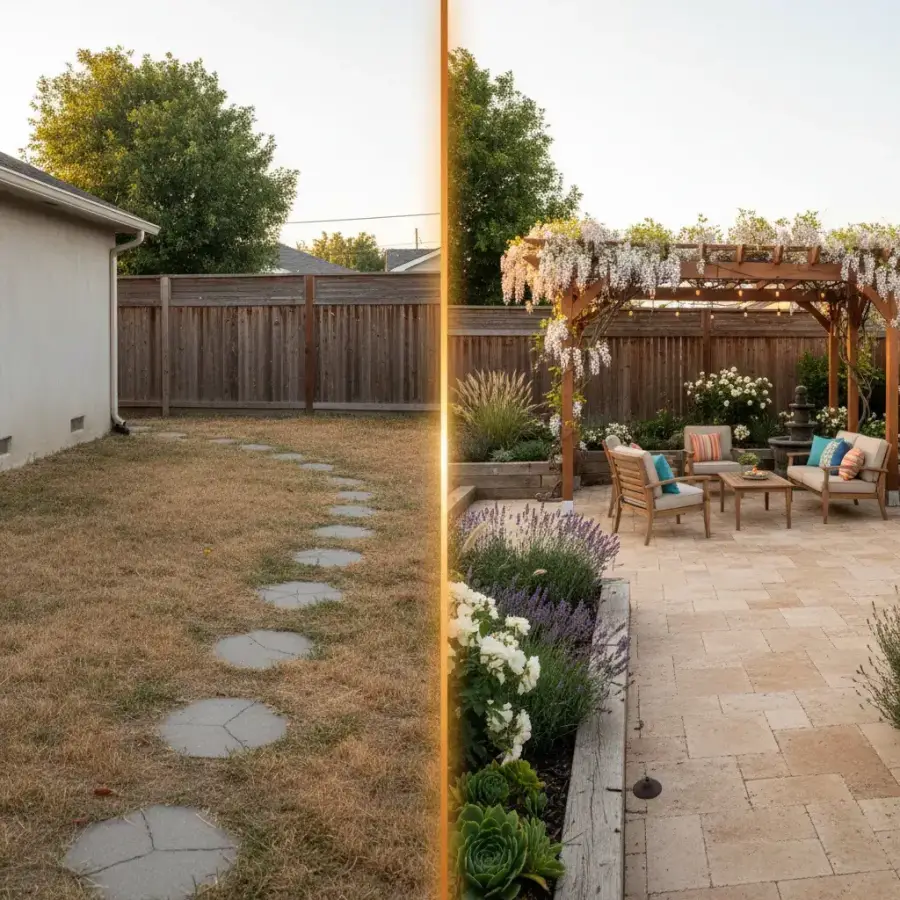 Dramatic before-and-after outdoor space transformation showing bare yard turned into lush paradise landscape by Deqor AI