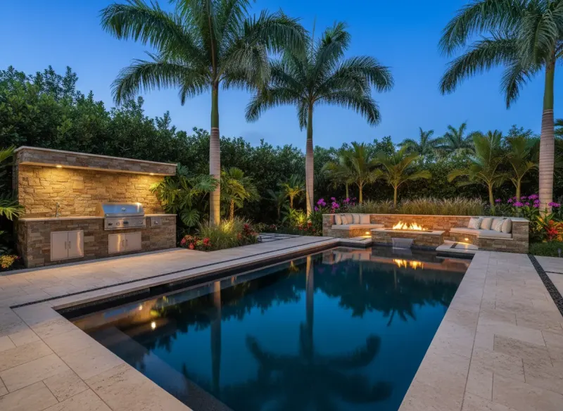 AI-generated luxury pool and landscape design with outdoor living area by Deqor