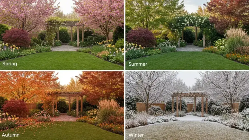 Same garden landscape design visualized in all four seasons - spring, summer, autumn, and winter - by Deqor AI