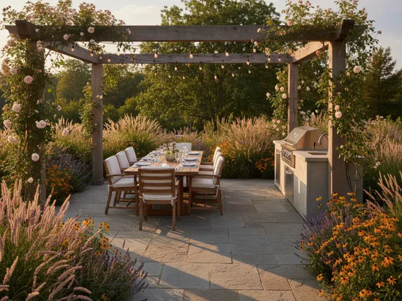 AI-designed entertainment terrace with outdoor dining set and built-in BBQ kitchen at golden hour by Deqor AI