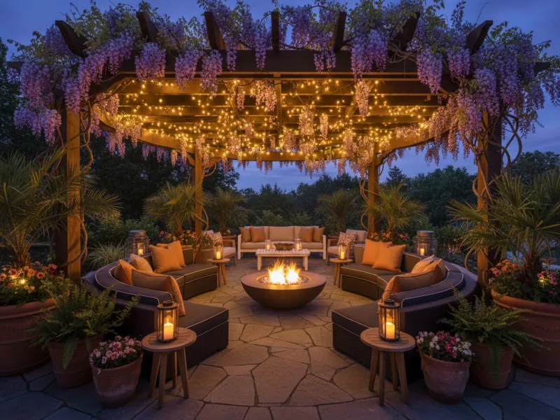 AI-designed outdoor lounge terrace at night with fire pit and ambient pergola lighting by Deqor AI