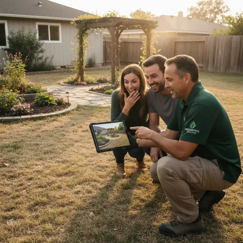 Landscape designer showing AI-generated garden design to client on iPad during site consultation in bare backyard - Deqor AI workflow