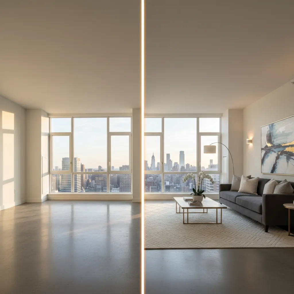 Empty living room virtually staged with luxury designer furniture by Deqor AI - dramatic before and after transformation