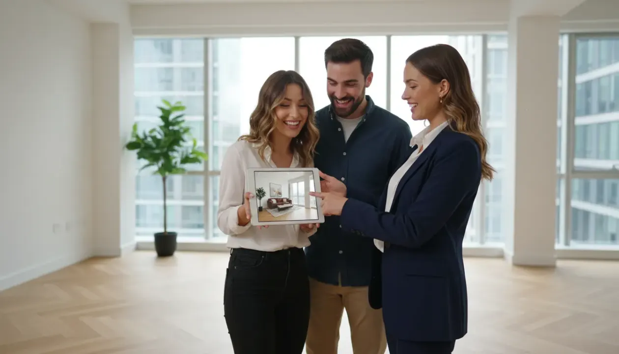 Real estate agent showing virtually staged property photos on iPad to potential buyers - Deqor AI workflow