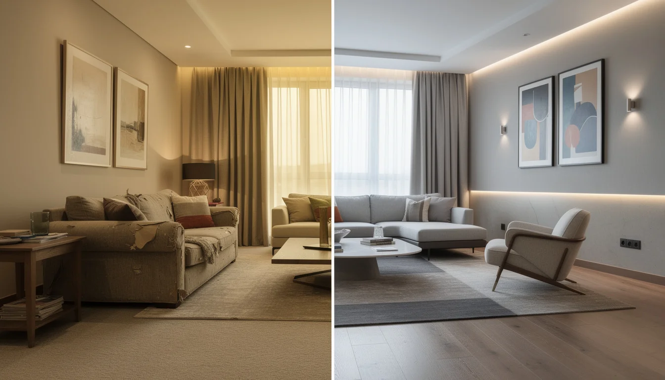 Interior design transformation showing a dated living room transformed into a stunning modern space by Deqor AI