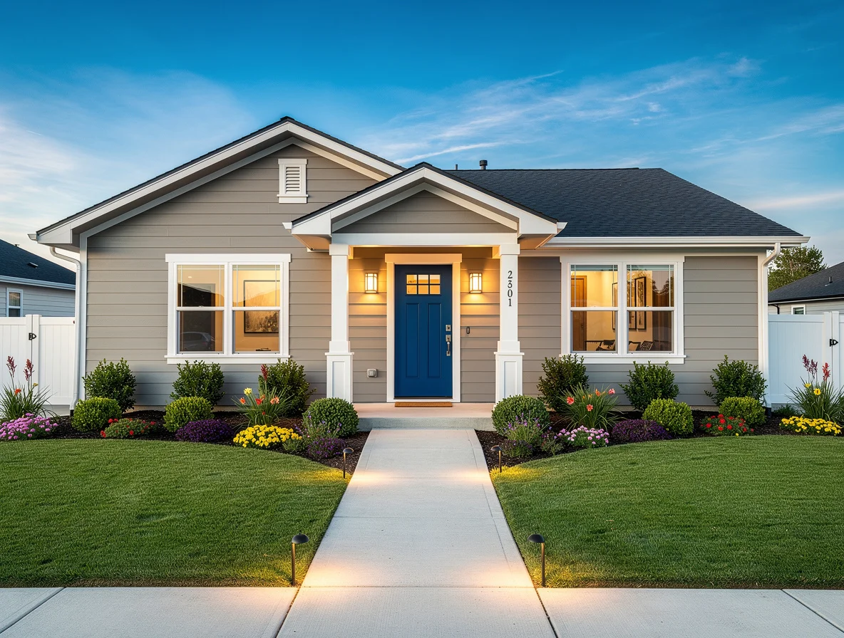Same house after AI exterior enhancement — modern siding, professional landscaping, and blue sky — Deqor AI