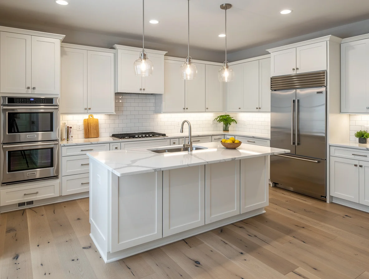 Same kitchen after AI renovation preview — modern white cabinets, quartz countertops by Deqor AI