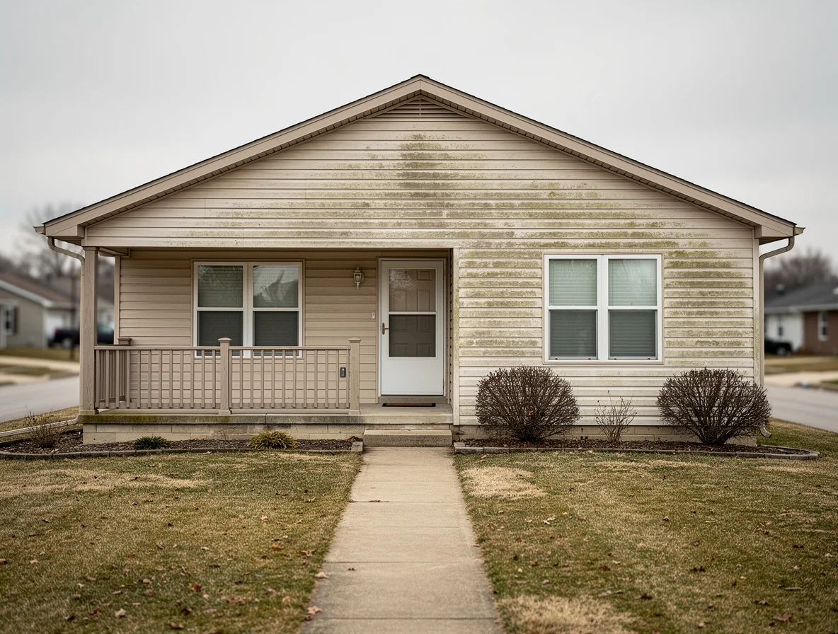 Plain suburban house exterior before AI exterior enhancement — dated siding, basic landscaping — Deqor AI