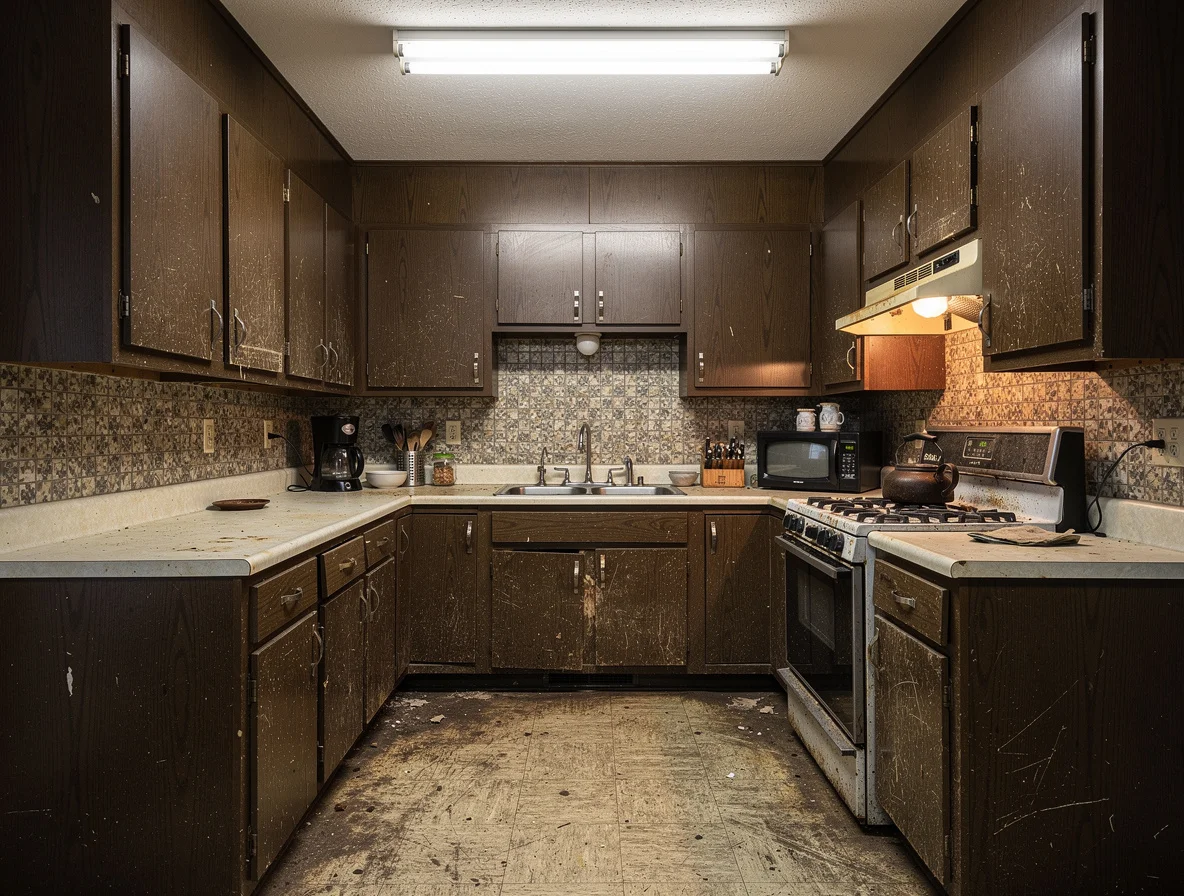 Outdated kitchen before AI renovation preview — dark cabinets, old countertops — Deqor AI