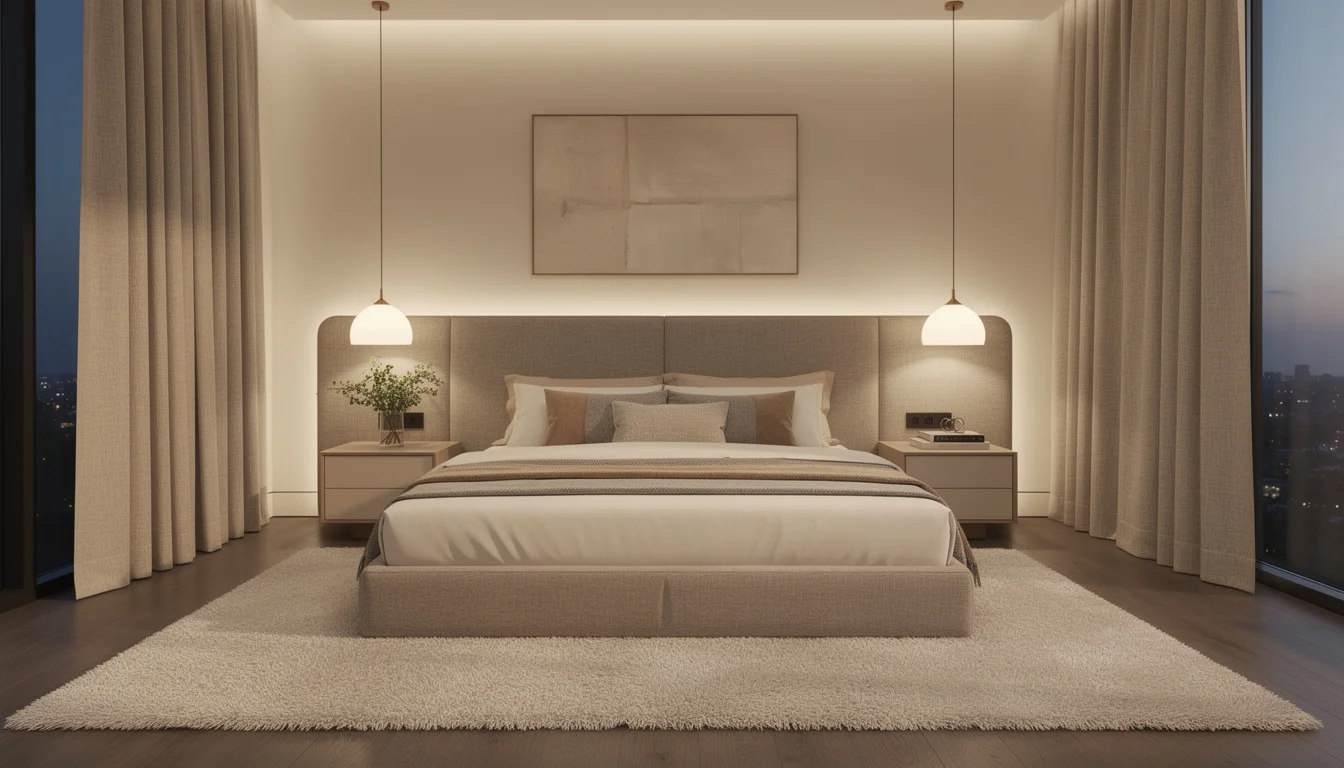AI staged luxury bedroom with upholstered headboard and layered bedding — Deqor AI