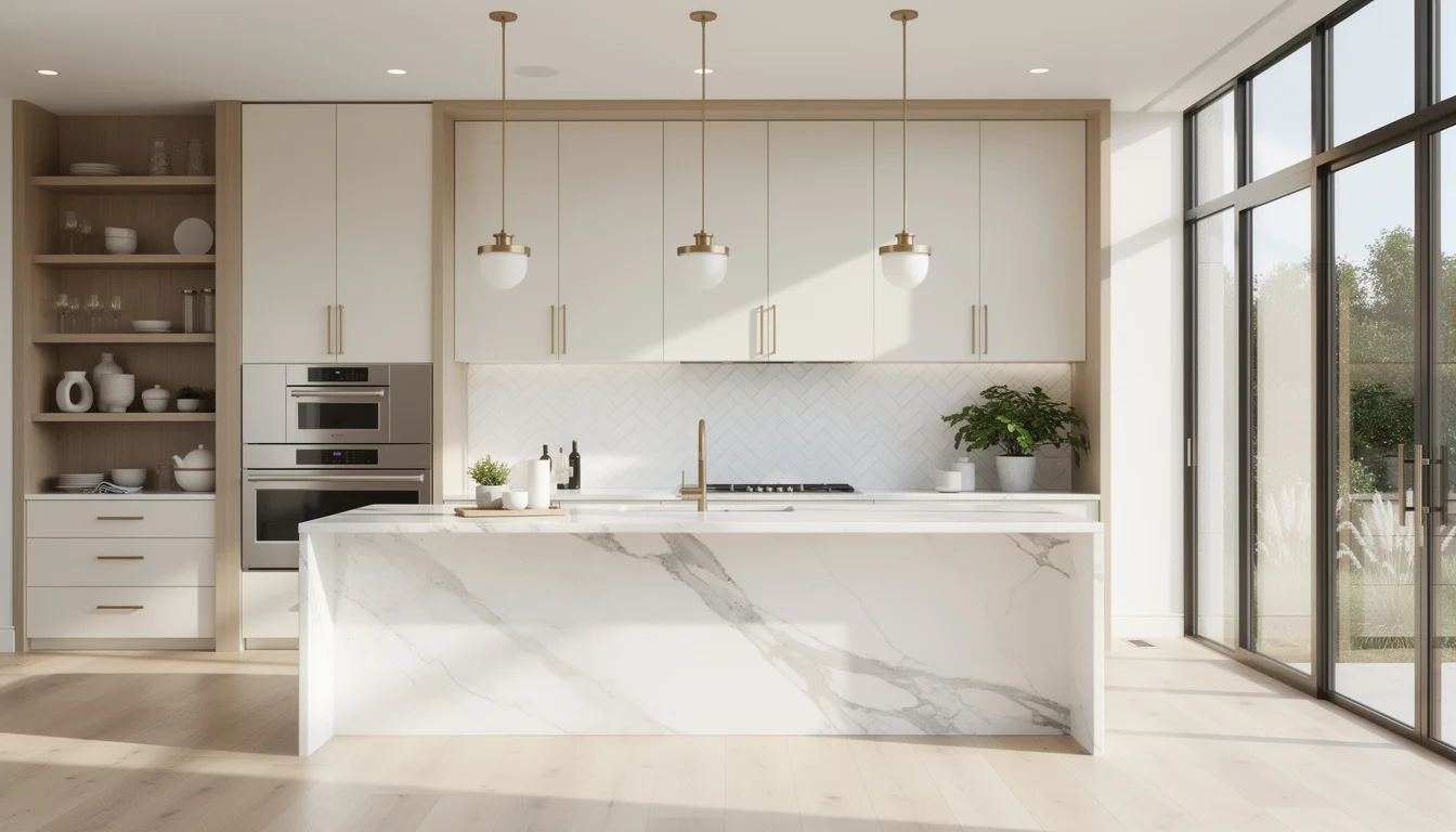AI staged modern kitchen with marble countertops and pendant lights — Deqor AI