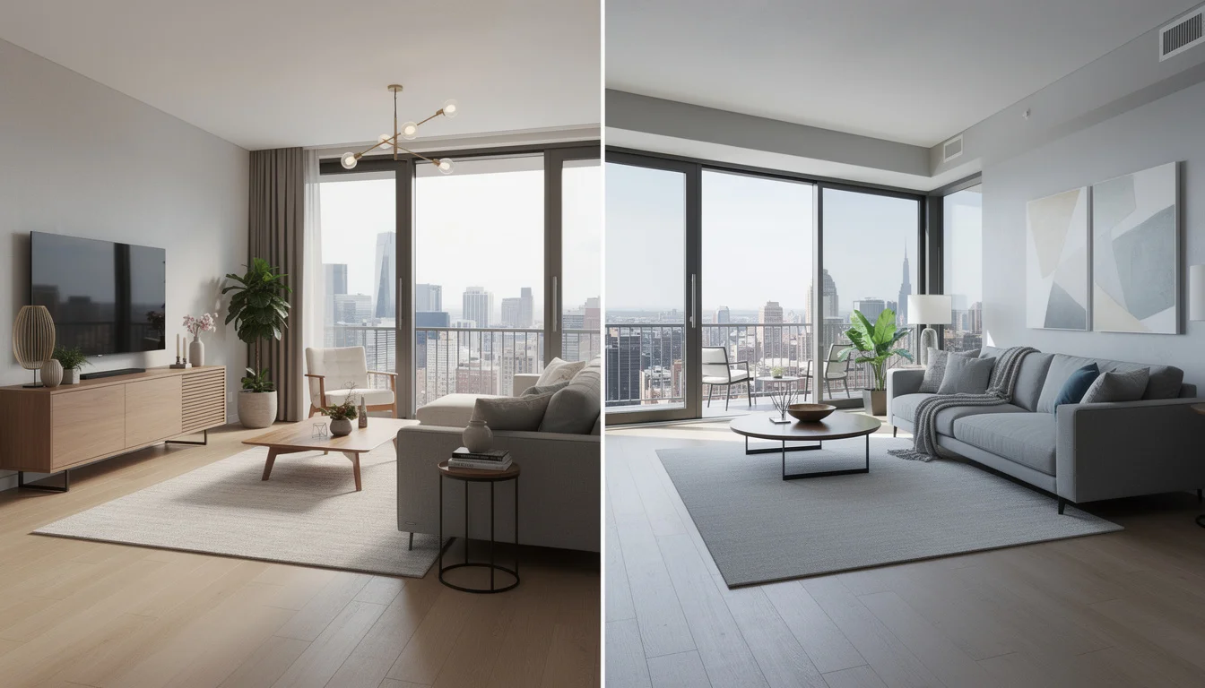 AI staged modern living room with designer furniture and natural light — Deqor AI